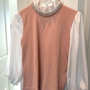 Pearl embellished collar pink shirt